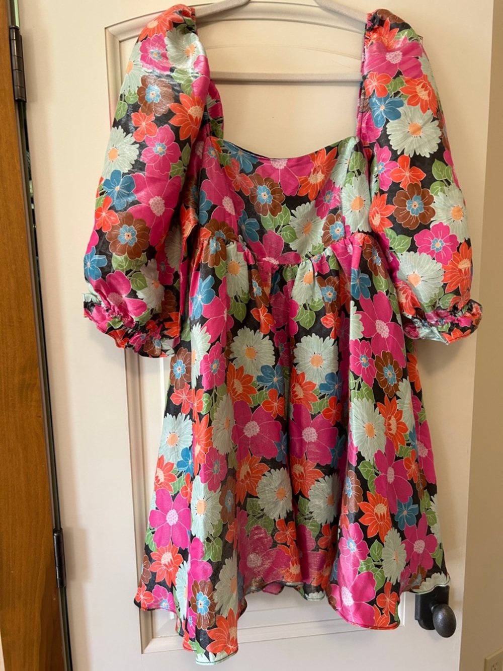 Storia Pink Multi Floral Puff-Sleeve Babydoll Style Dress with Square Neck